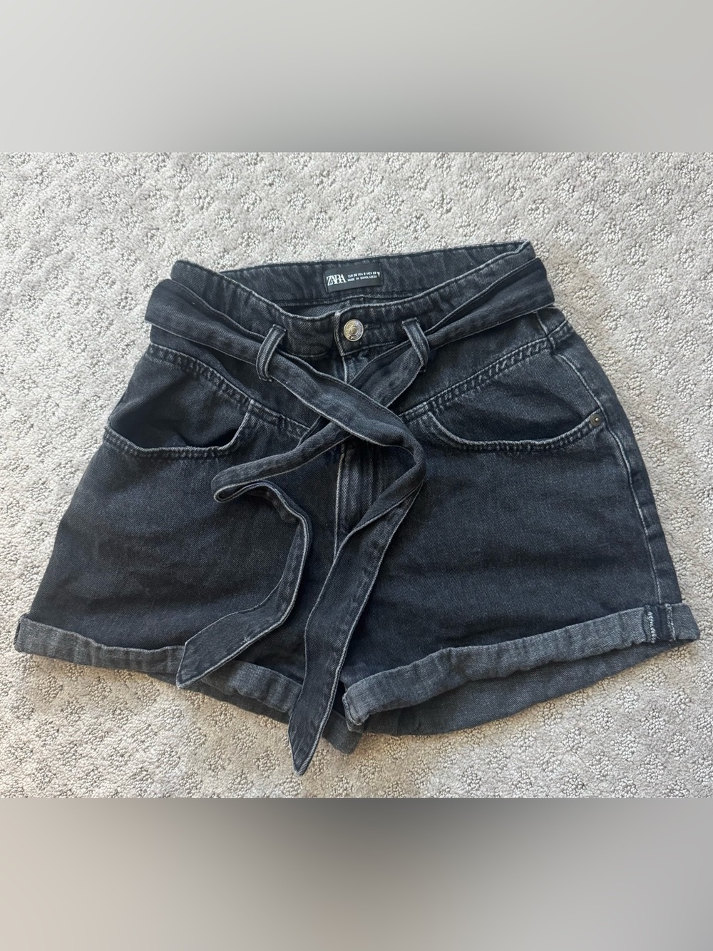 Zara Black Washed Denim Paperbag Tie Waist Shorts Size 6 (EUR 38) High Rise